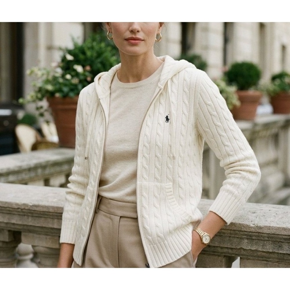 Ralph Lauren Cardigan Women M White Cable Knit Full Zip Hooded Cotton Sweater